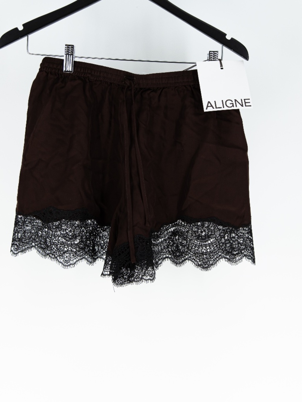 NEW Aligne Linette Satin Delicate Lace Trim Mini Pull On Shorts Chocolate Brown